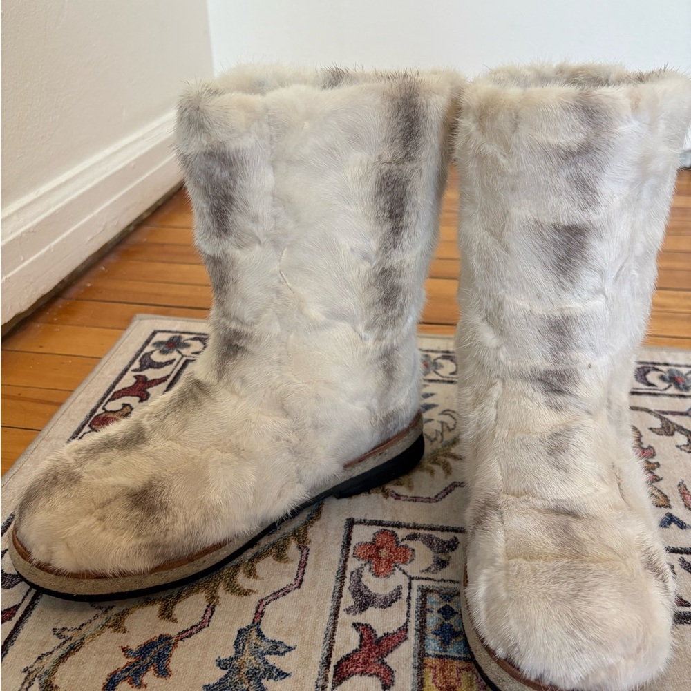Women's Handmade Minx Fur Boots in Cream and Gray: Purchased in Mongolia